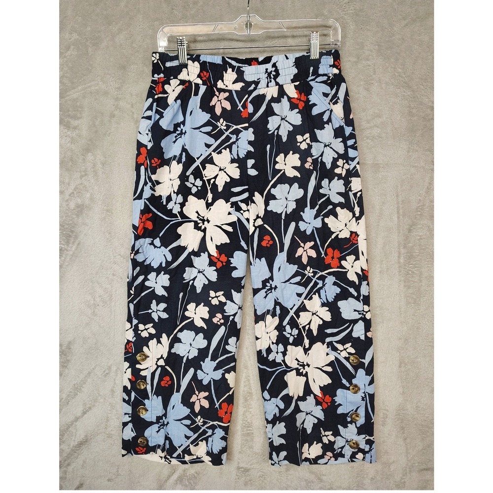 Land 'n Sea Linen Blend Floral Wide Leg Crop Pants Navy Blue Small Elastic Waist